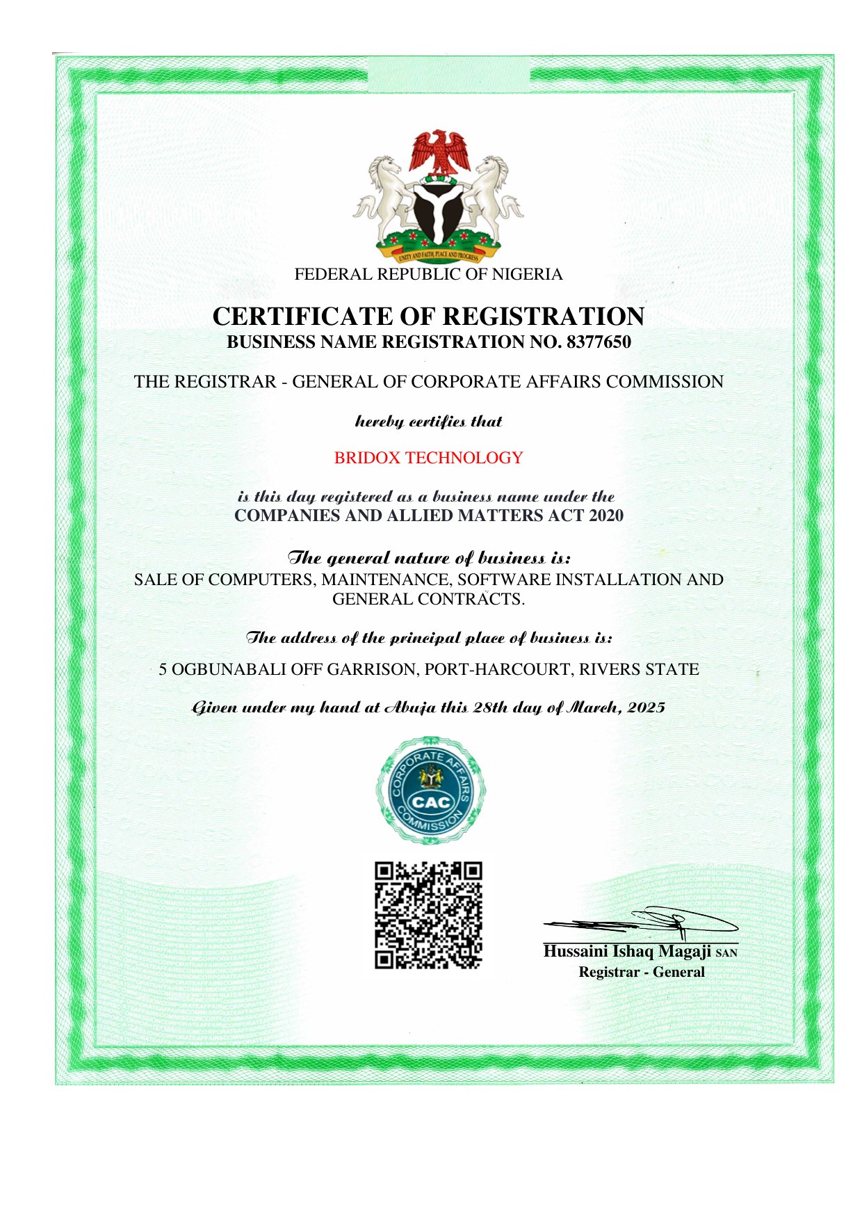 Bridox Technology — CAC Certificate